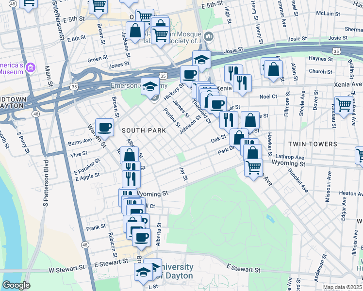 map of restaurants, bars, coffee shops, grocery stores, and more near 228 Bonner Street in Dayton