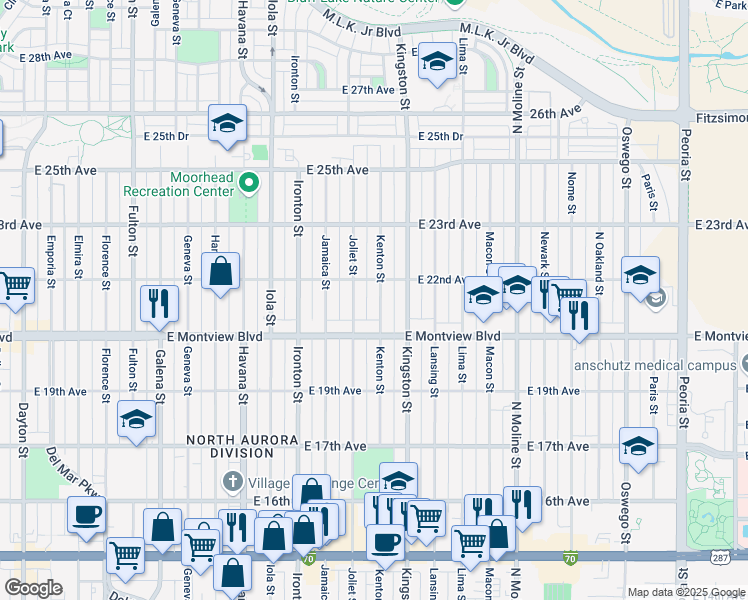 map of restaurants, bars, coffee shops, grocery stores, and more near 2049 Kenton Street in Aurora