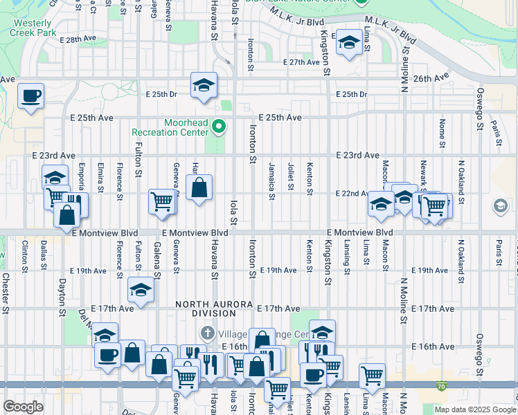 map of restaurants, bars, coffee shops, grocery stores, and more near 2041 Ironton Street in Aurora