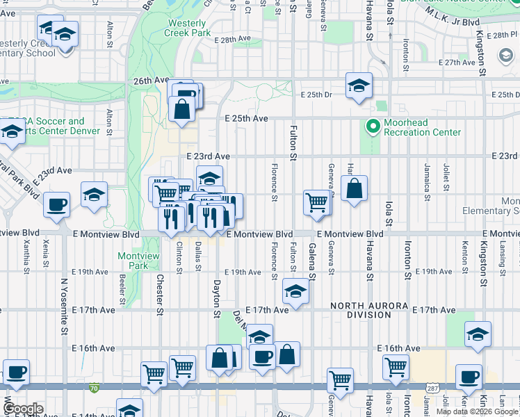 map of restaurants, bars, coffee shops, grocery stores, and more near 2070 Elmira Street in Aurora