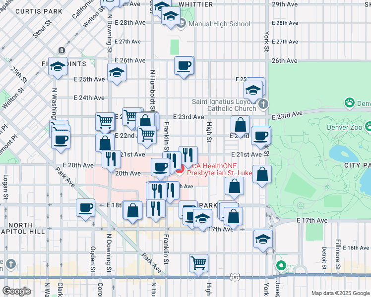 map of restaurants, bars, coffee shops, grocery stores, and more near 2108 Gilpin Street in Denver