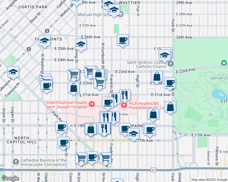 map of restaurants, bars, coffee shops, grocery stores, and more near 2101 Franklin Street in Denver