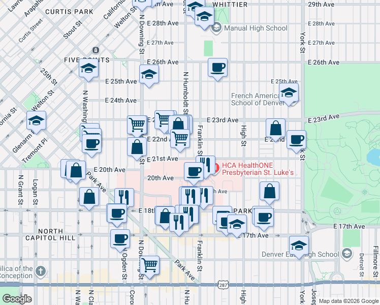 map of restaurants, bars, coffee shops, grocery stores, and more near 2101 Humboldt Street in Denver