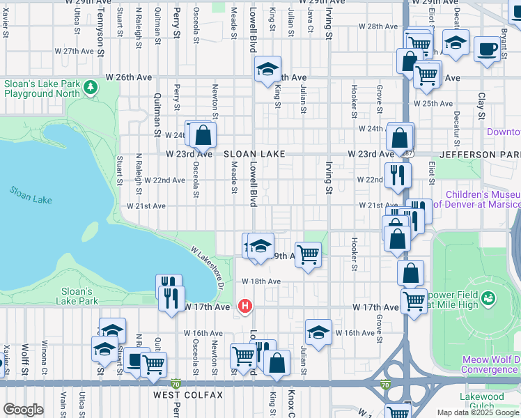 map of restaurants, bars, coffee shops, grocery stores, and more near 2040 Lowell Boulevard in Denver