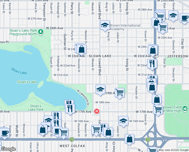 map of restaurants, bars, coffee shops, grocery stores, and more near 2047 Meade Street in Denver
