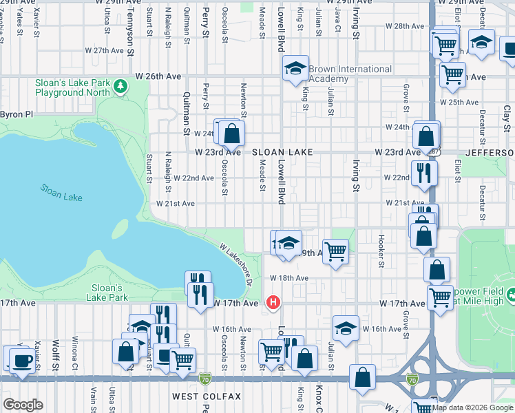 map of restaurants, bars, coffee shops, grocery stores, and more near 2047 Meade Street in Denver