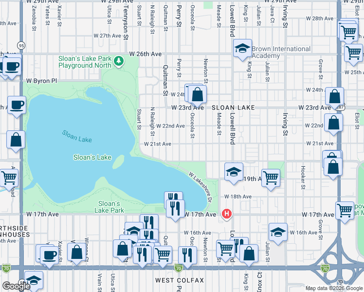 map of restaurants, bars, coffee shops, grocery stores, and more near 2050 Perry Street in Denver