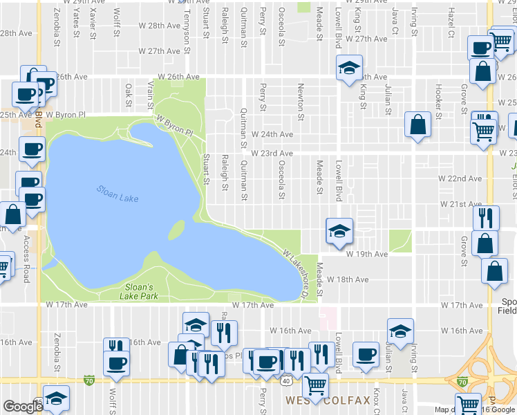 map of restaurants, bars, coffee shops, grocery stores, and more near 2050 Perry Street in Denver