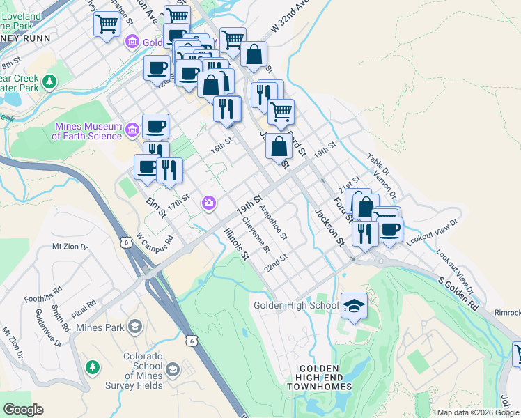 map of restaurants, bars, coffee shops, grocery stores, and more near 917 19th Street in Golden