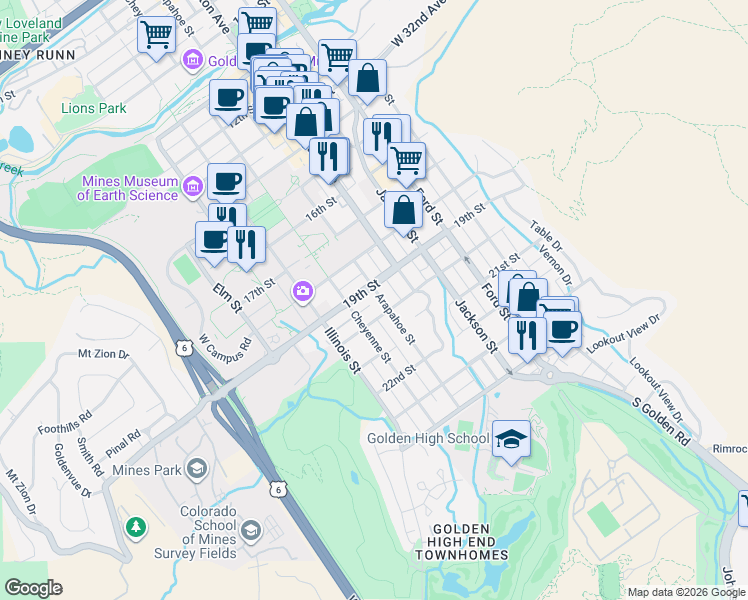 map of restaurants, bars, coffee shops, grocery stores, and more near 917 19th Street in Golden