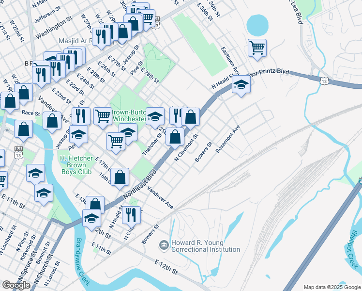 map of restaurants, bars, coffee shops, grocery stores, and more near 2510 Northeast Boulevard in Wilmington