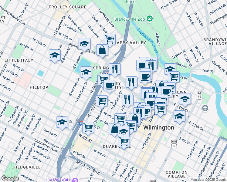 map of restaurants, bars, coffee shops, grocery stores, and more near in Wilmington