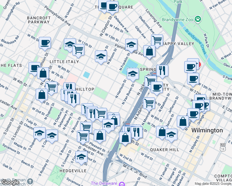 map of restaurants, bars, coffee shops, grocery stores, and more near 805 North Harrison Street in Wilmington
