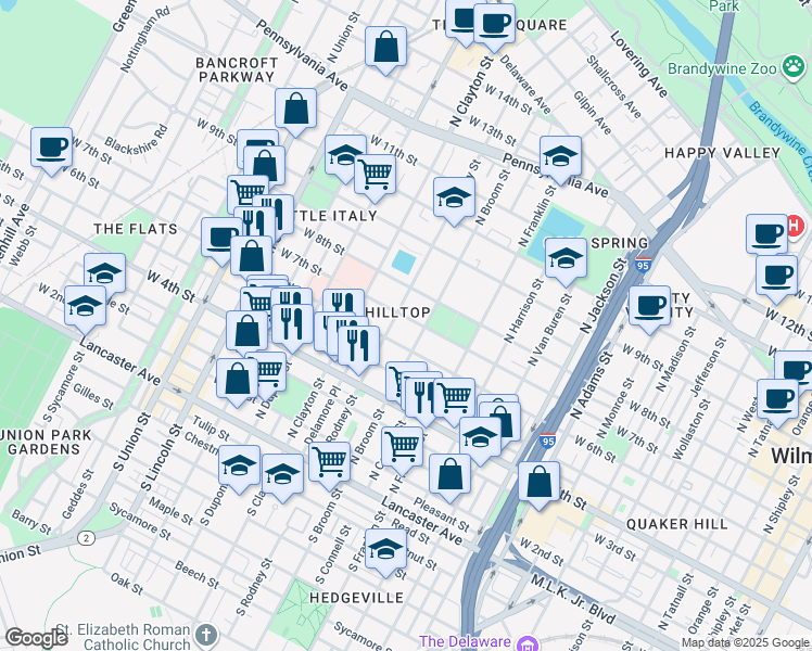 map of restaurants, bars, coffee shops, grocery stores, and more near in Wilmington