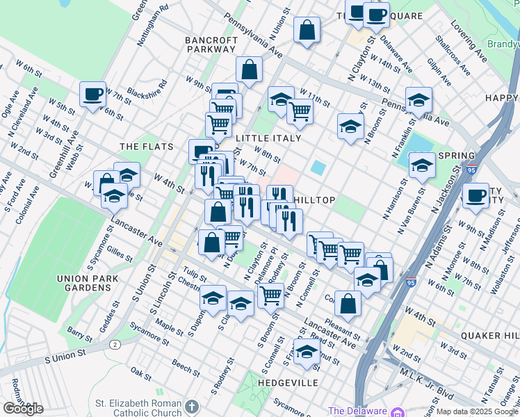 map of restaurants, bars, coffee shops, grocery stores, and more near 1608 West 5th Street in Wilmington