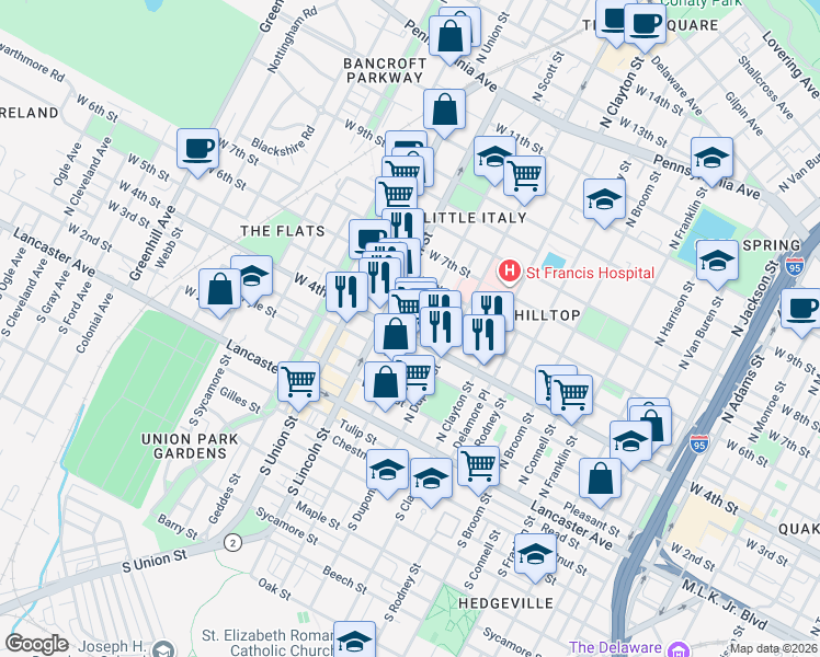 map of restaurants, bars, coffee shops, grocery stores, and more near in Wilmington