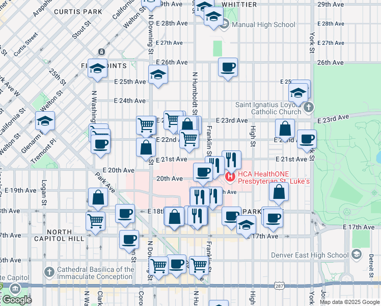 map of restaurants, bars, coffee shops, grocery stores, and more near 2101 Humboldt Street in Denver