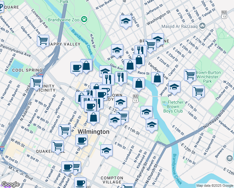 map of restaurants, bars, coffee shops, grocery stores, and more near 1330 North King Street in Wilmington