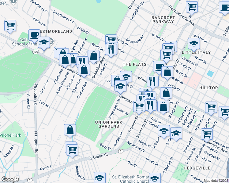 map of restaurants, bars, coffee shops, grocery stores, and more near 2309 Delaware 48 in Wilmington