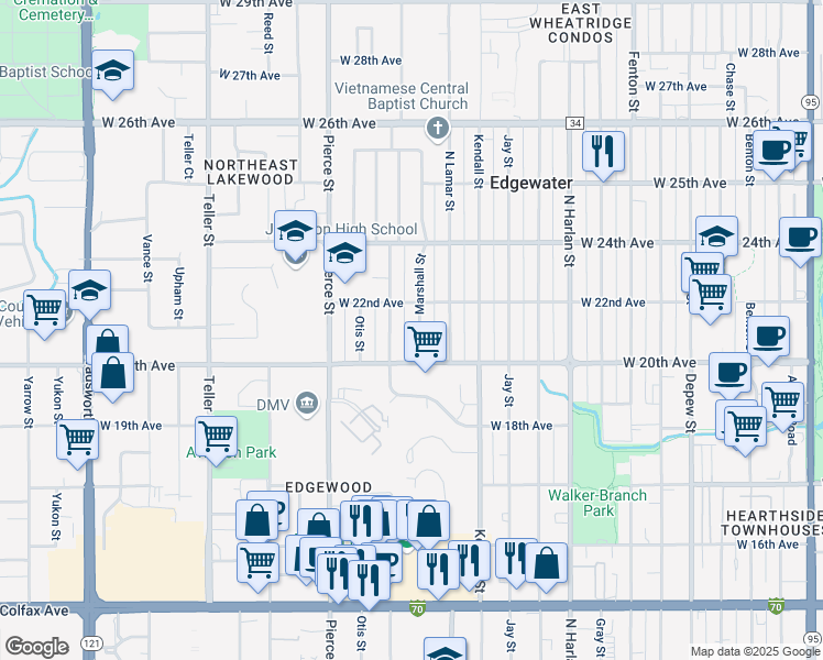 map of restaurants, bars, coffee shops, grocery stores, and more near 2055 Marshall Street in Edgewater