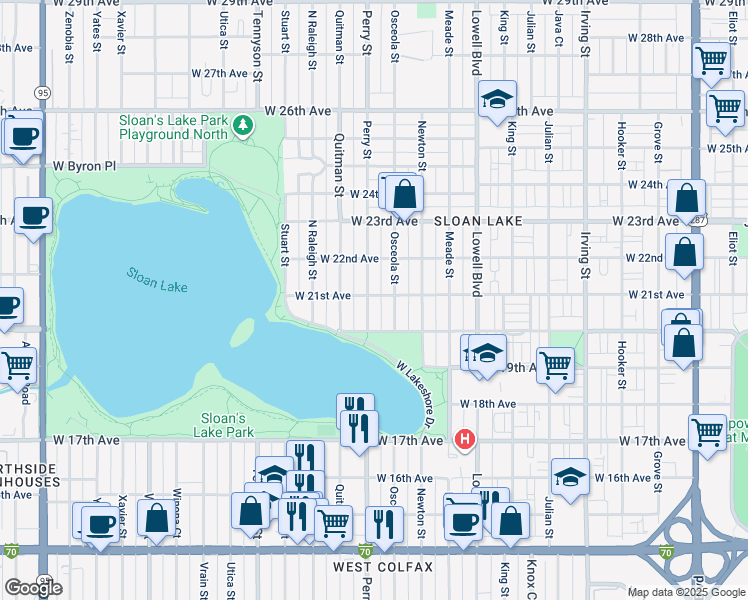 map of restaurants, bars, coffee shops, grocery stores, and more near 2050 Perry Street in Denver