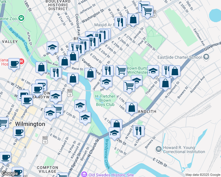 map of restaurants, bars, coffee shops, grocery stores, and more near 611 East 17th Street in Wilmington