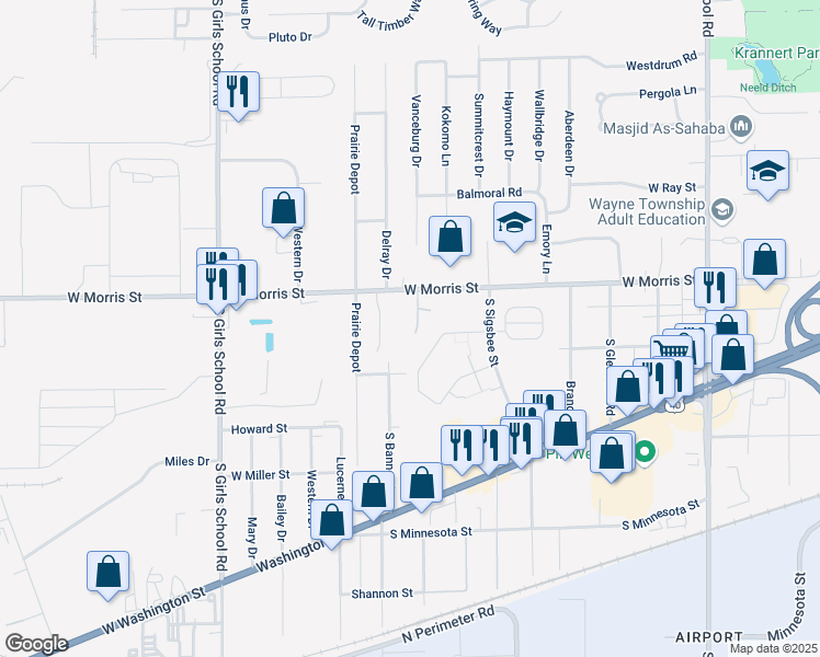 map of restaurants, bars, coffee shops, grocery stores, and more near 1280 Ginger Court in Indianapolis