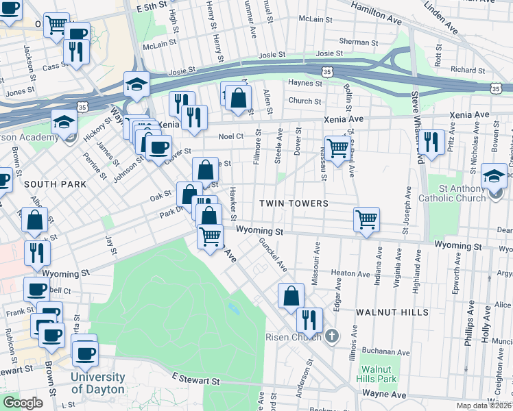map of restaurants, bars, coffee shops, grocery stores, and more near 245 Fillmore Street in Dayton