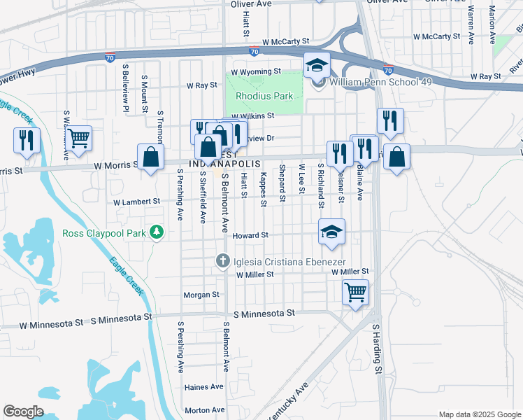 map of restaurants, bars, coffee shops, grocery stores, and more near 1316 Kappes Street in Indianapolis