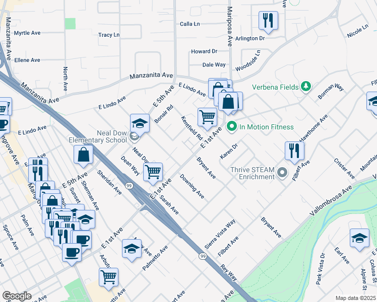 map of restaurants, bars, coffee shops, grocery stores, and more near 5 Veneto Circle in Chico