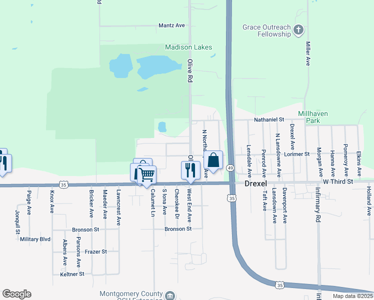 map of restaurants, bars, coffee shops, grocery stores, and more near 143 Olive Road in Dayton