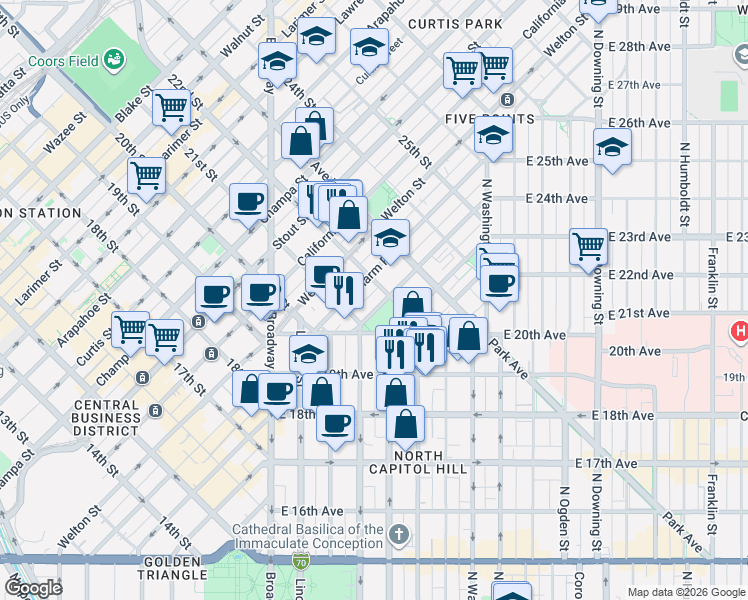 map of restaurants, bars, coffee shops, grocery stores, and more near 2147 Tremont Place in Denver