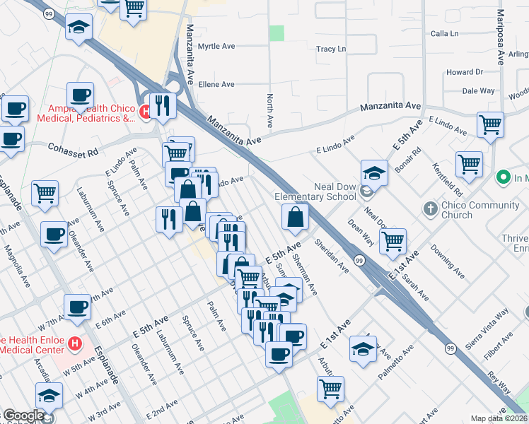 map of restaurants, bars, coffee shops, grocery stores, and more near 1629 Sherman Avenue in Chico