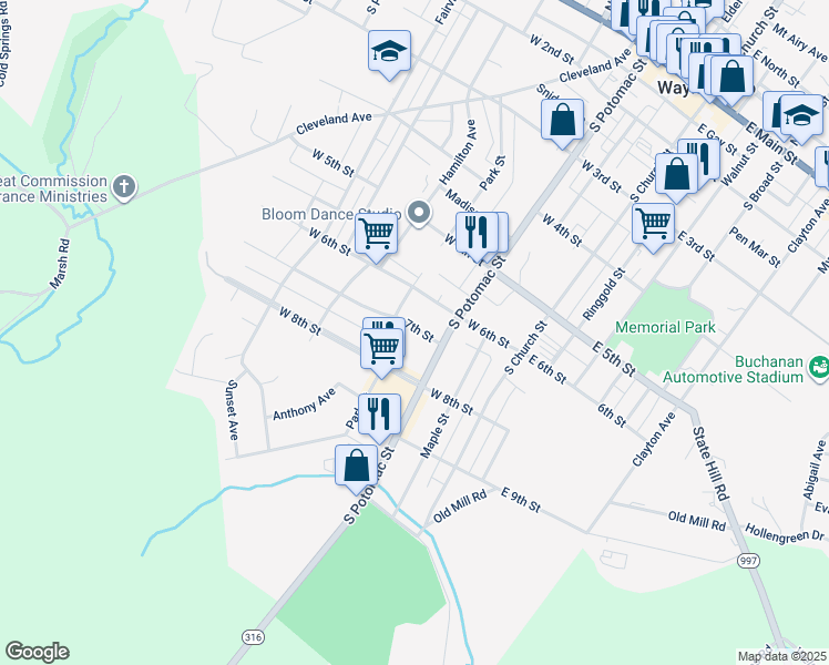 map of restaurants, bars, coffee shops, grocery stores, and more near 218 7th Street in Waynesboro