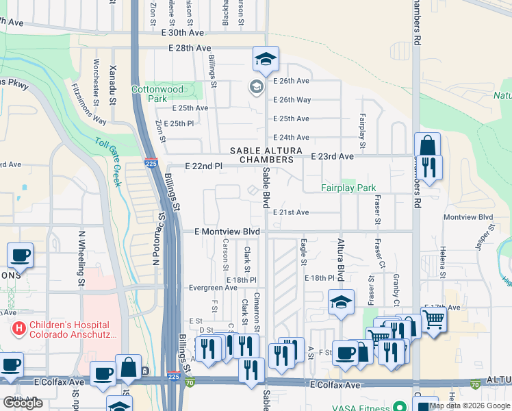 map of restaurants, bars, coffee shops, grocery stores, and more near 14435 East Montview Boulevard in Aurora