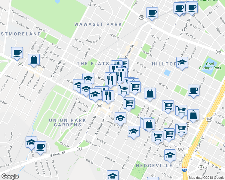 map of restaurants, bars, coffee shops, grocery stores, and more near 1923 West 3rd Street in Wilmington