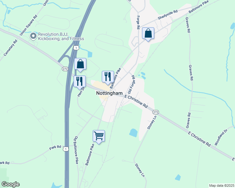 map of restaurants, bars, coffee shops, grocery stores, and more near 503 East Christine Road in Nottingham