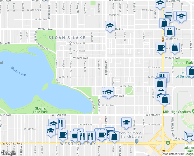 map of restaurants, bars, coffee shops, grocery stores, and more near 2057 Meade Street in Denver
