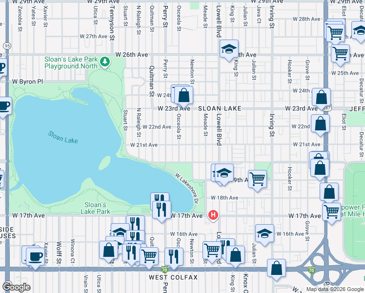 map of restaurants, bars, coffee shops, grocery stores, and more near 2045 Newton Street in Denver