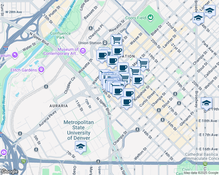 map of restaurants, bars, coffee shops, grocery stores, and more near in Denver
