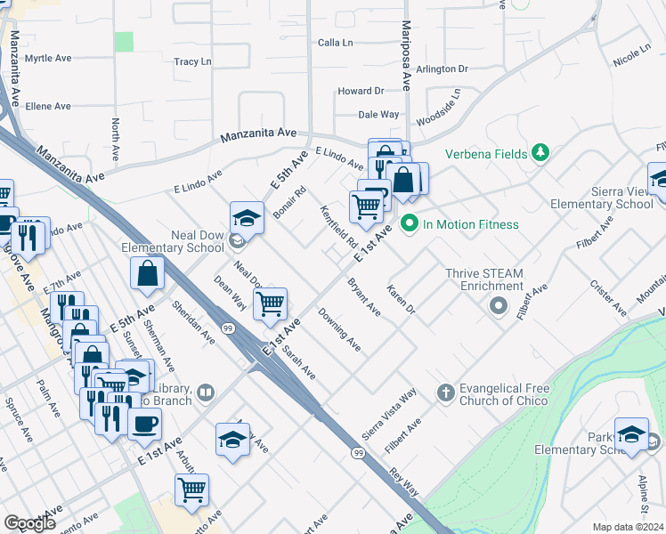 map of restaurants, bars, coffee shops, grocery stores, and more near 5 Veneto Circle in Chico