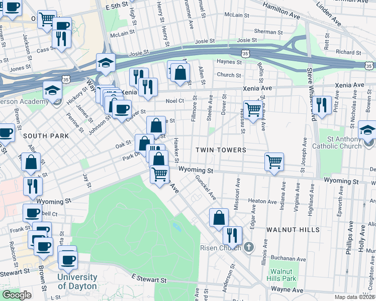 map of restaurants, bars, coffee shops, grocery stores, and more near 245 Fillmore Street in Dayton