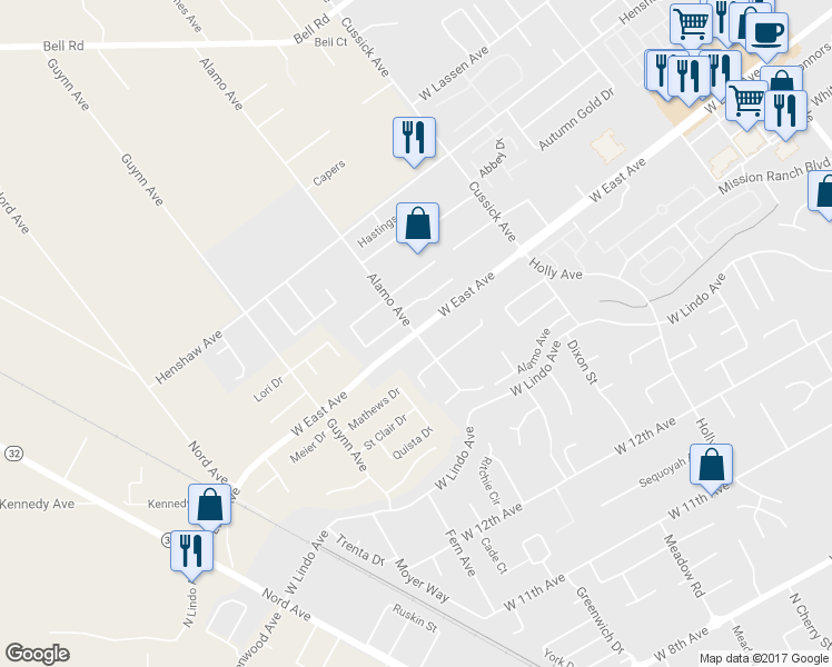map of restaurants, bars, coffee shops, grocery stores, and more near 2499 Alamo Avenue in Chico