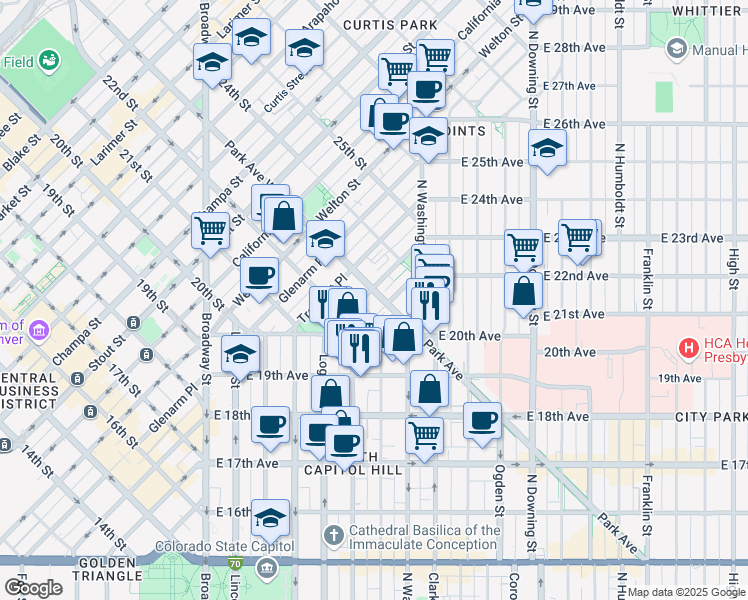 map of restaurants, bars, coffee shops, grocery stores, and more near 290 Park Avenue West in Denver