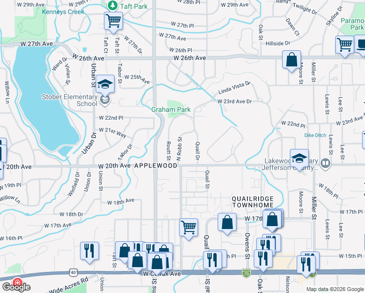 map of restaurants, bars, coffee shops, grocery stores, and more near 2060 North Robb Street in Lakewood