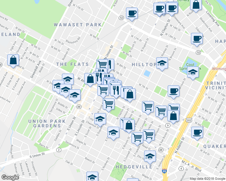 map of restaurants, bars, coffee shops, grocery stores, and more near 1722 West 5th Street in Wilmington