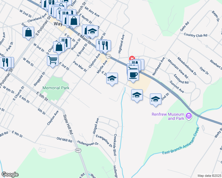 map of restaurants, bars, coffee shops, grocery stores, and more near 550 East 2nd Street in Waynesboro