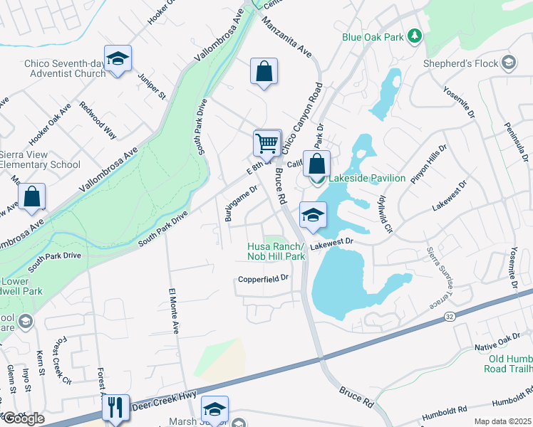 map of restaurants, bars, coffee shops, grocery stores, and more near 2386 Farmington Avenue in Chico