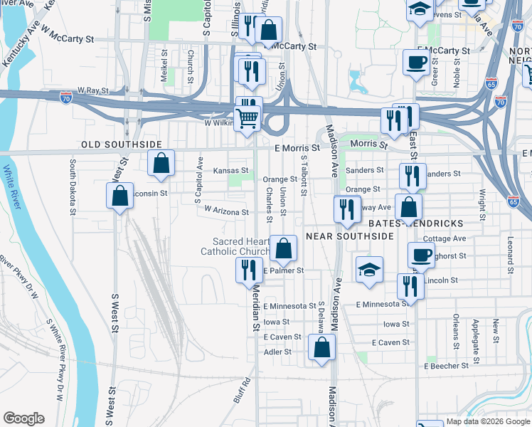 map of restaurants, bars, coffee shops, grocery stores, and more near 1410 Charles Street in Indianapolis