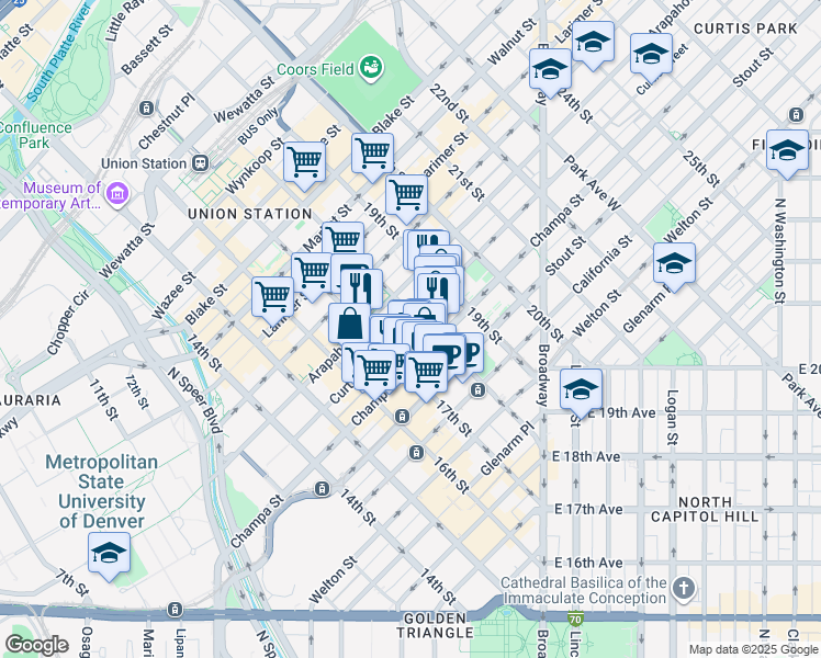 map of restaurants, bars, coffee shops, grocery stores, and more near 1776 Curtis Street in Denver